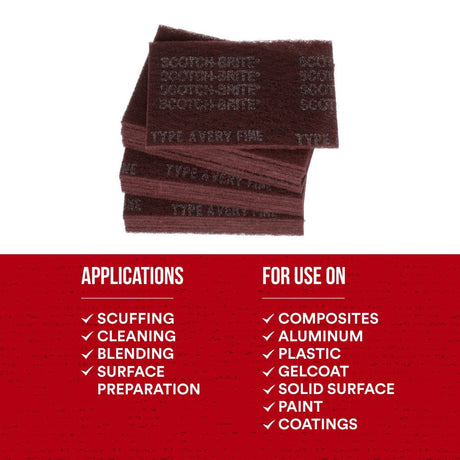 3M HP-HP 7447 Scotch-Brite General Purpose Hand Pad, Very Fine, Aluminum Oxide, Maroon, 6 in x 9 in (7000027560) (60 Pack) - 5