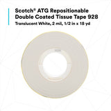 3M 928 Scotch ATG Repositionable Double Coated Tissue Tape, Translucent White, 1/2 in x 18 yd, 2 mil (7000028874) (72 Pack) - 3
