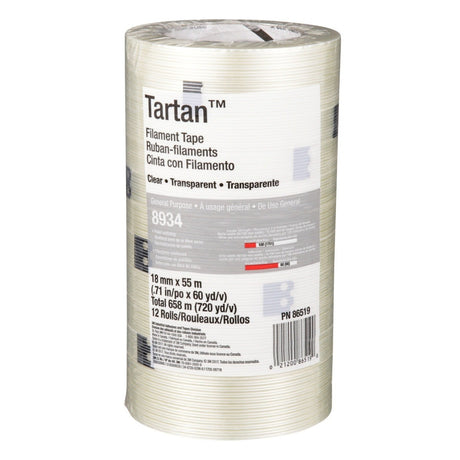3M 8934 Tartan Filament Tape, Clear, 18 mm x 55 m, 4 mil (7000028886) (48 Pack) - 7