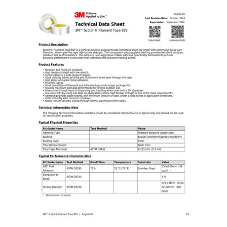 3M 893 Scotch Filament Tape, Clear, 1-7/8 in x 60 yd, 6 mil (7000028932) - 6