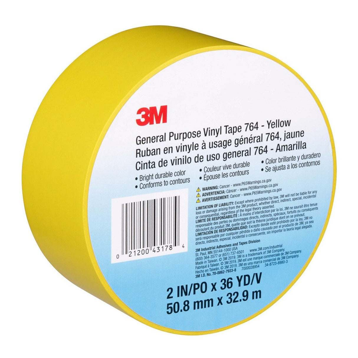 3M 764 General Purpose Vinyl Tape Yellow 2 in x 36 yd 5 mil Light Traffic Floor Marking and Color Coding (7000028954)  - (24Pack) - 8