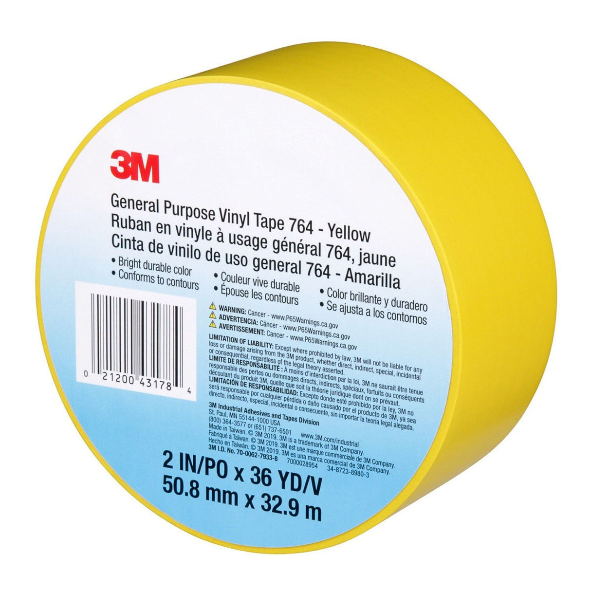 3M 764 General Purpose Vinyl Tape Yellow 2 in x 36 yd 5 mil Light Traffic Floor Marking and Color Coding (7000028954)  - (24Pack) - 9