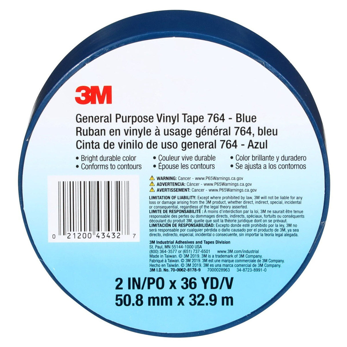 3M 764 General Purpose Vinyl Tape, Blue, 2 in x 36 yd, 5 mil (7000028963)  - (24Pack) - 9