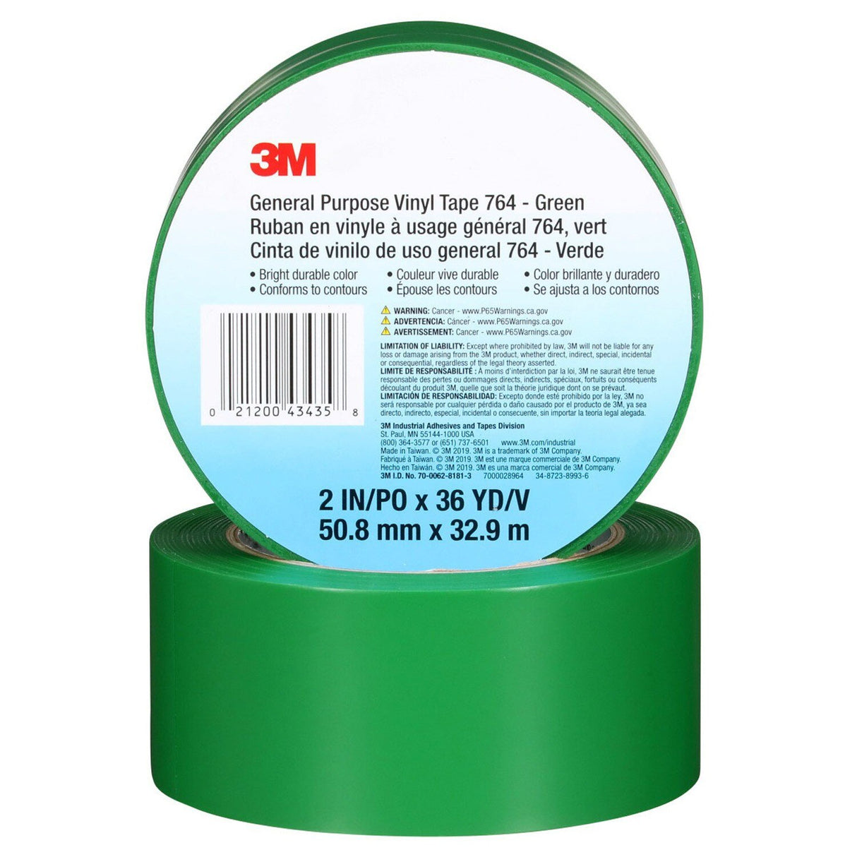 3M 764 General Purpose Vinyl Tape Green 2 in x 36 yd 5 mil Floor Marking Color Coding (7000028964)  - (24Pack) - 2