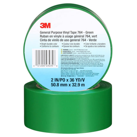 3M 764 General Purpose Vinyl Tape Green 2 in x 36 yd 5 mil Floor Marking Color Coding (7000028964)  - (24Pack) - 2