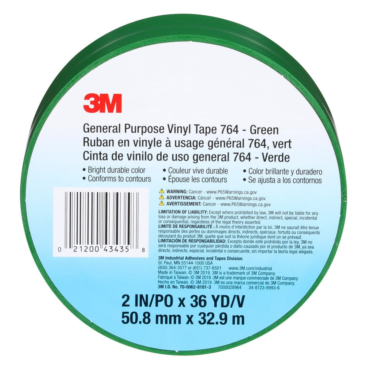 3M 764 General Purpose Vinyl Tape Green 2 in x 36 yd 5 mil Floor Marking Color Coding (7000028964)  - (24Pack) - 9