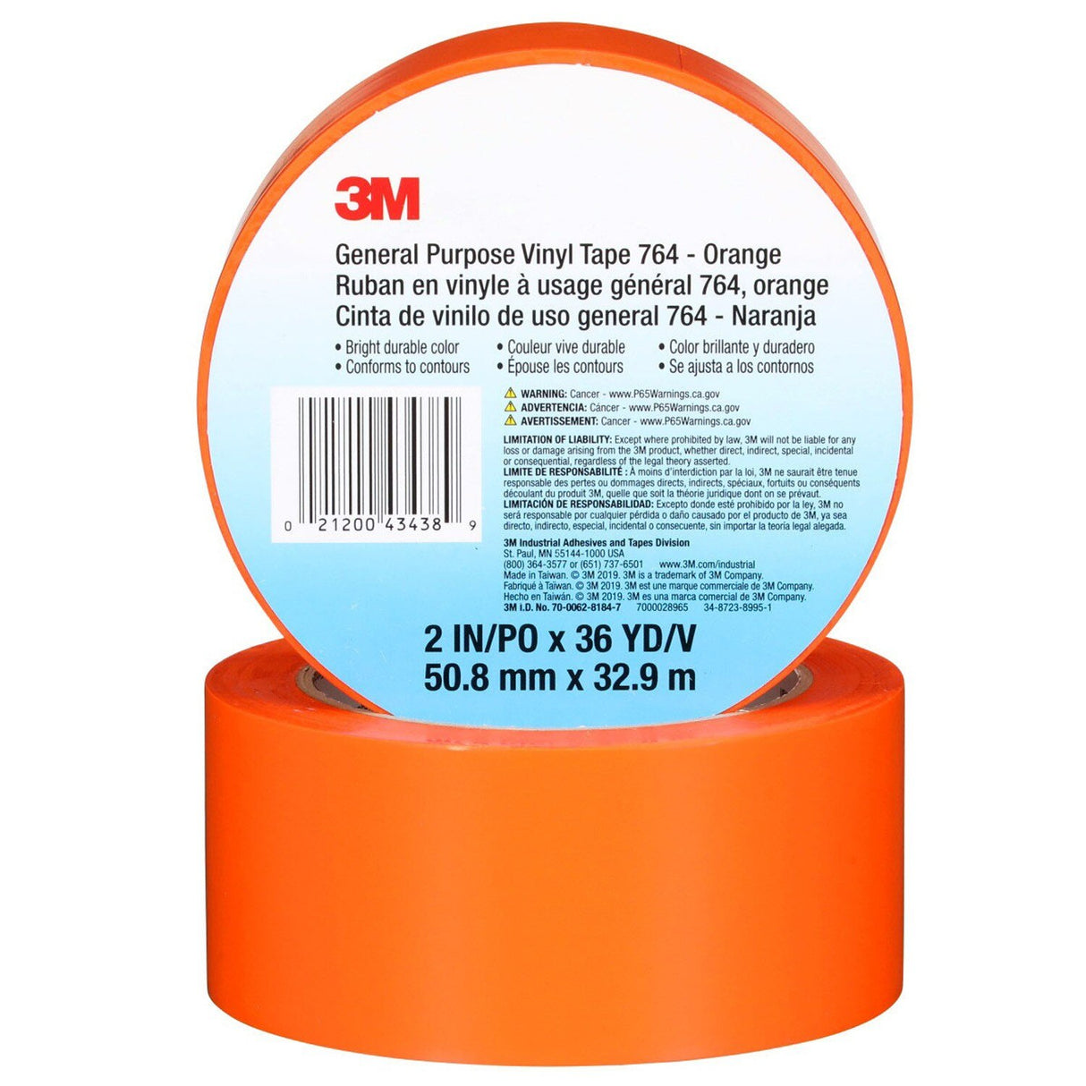 3M 764 General Purpose Vinyl Tape, Orange, 2 in x 36 yd, 5 mil (7000028965)  - (24Pack) - 7
