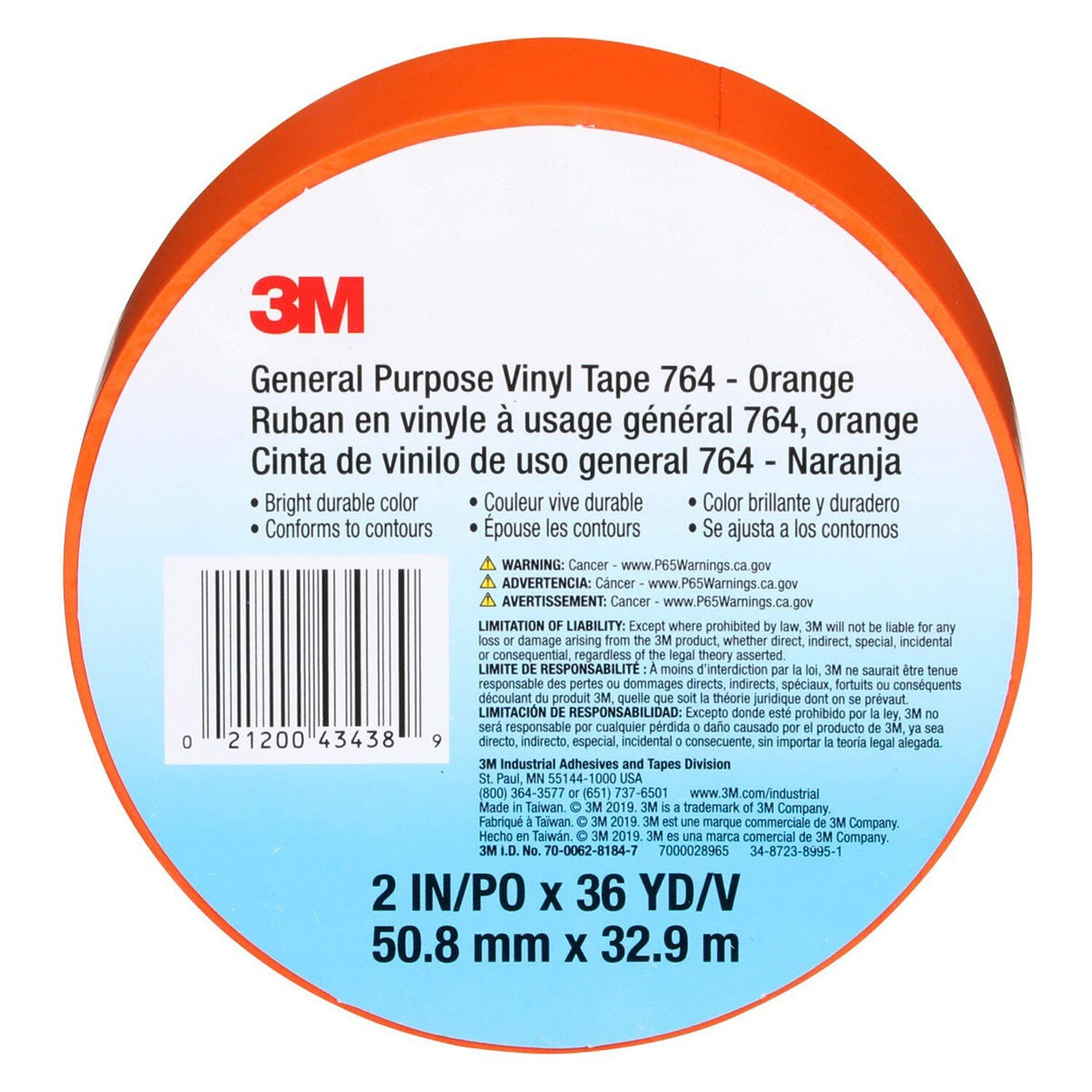 3M 764 General Purpose Vinyl Tape, Orange, 2 in x 36 yd, 5 mil (7000028965)  - (24Pack) - 10