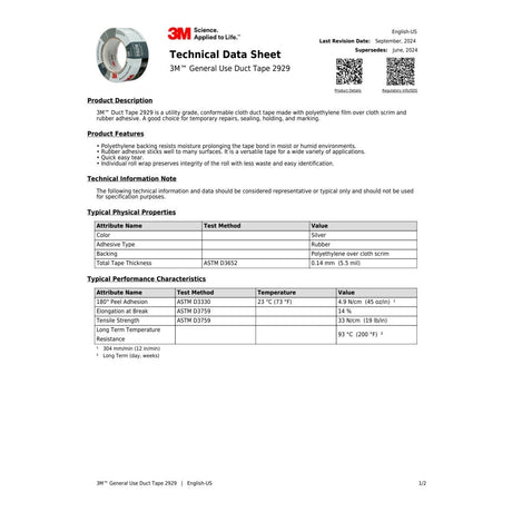 3M 2929 General Use Duct Tape, Silver, 1.88 in x 50 yd, 5.5 mil, Individually Wrapped (7000029030)  - (24Pack) - 8
