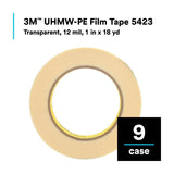 3M 5423 UHMW Film Tape, Transparent, 1 in x 18 yd, 12 mil (7000029146) (9 Pack) - 5