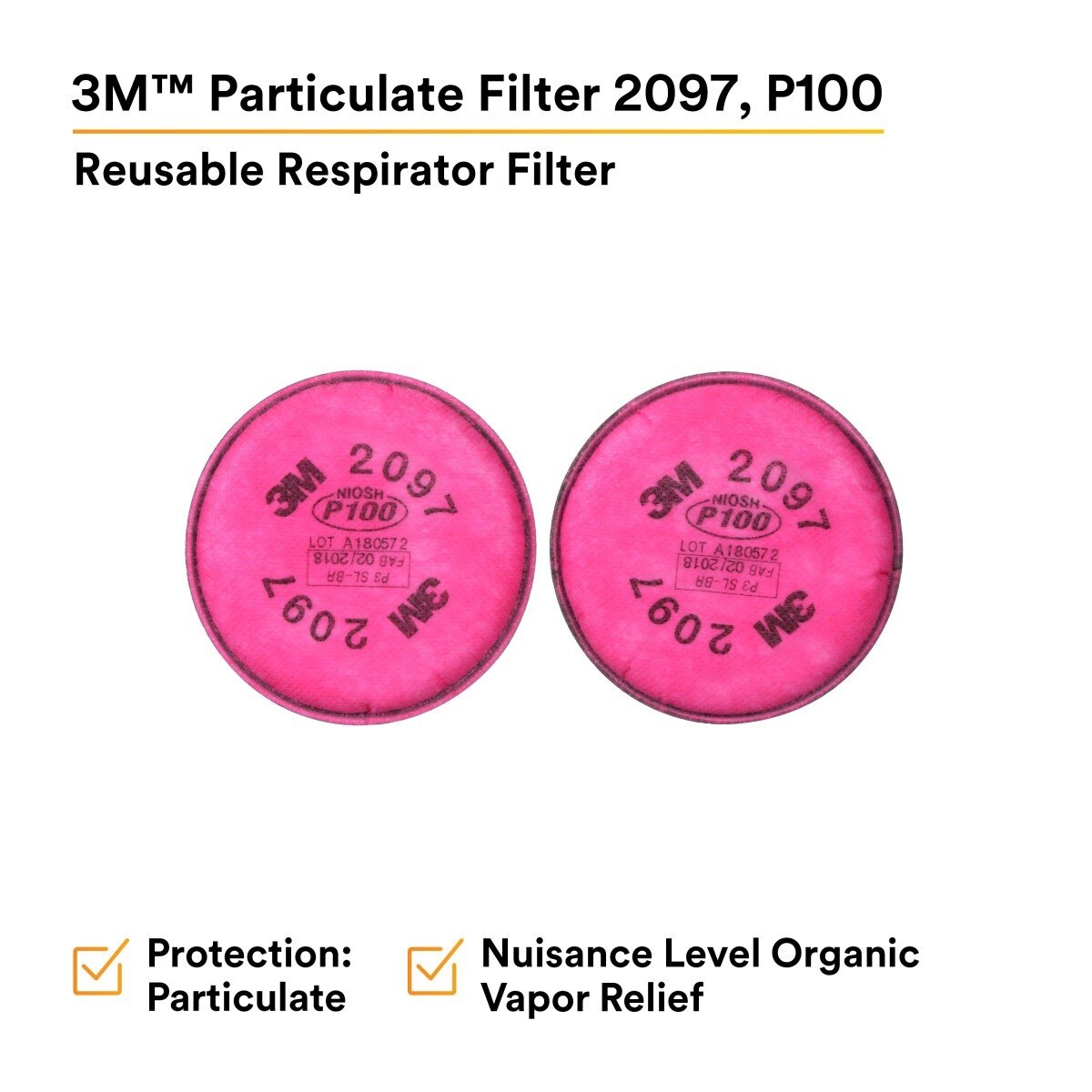 3M 2097 2097/07184 Particulate Filter, P100, Nuisance Level Organic Vapor Relief, Magenta (7000029657) (100 Pack) - 2