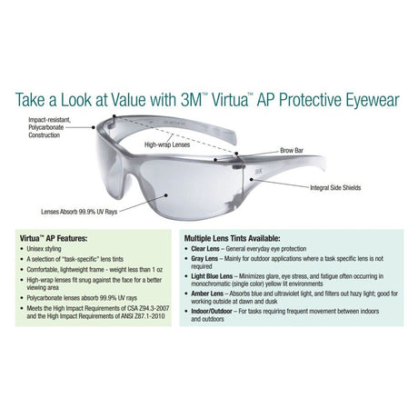 3M 11817-00000-20 Virtua AP Safety Glasses Amber Hard Coat Lens Amber Frame Anti Scratch (7000030052) (400 Pack) - 9
