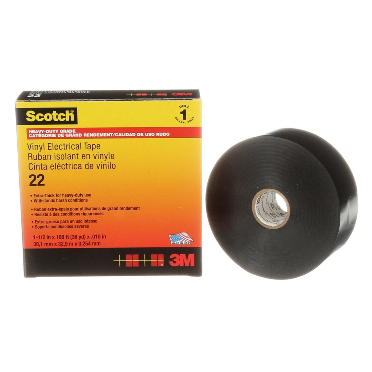 3M Scotch Vinyl Electrical Tape 22 Heavy Duty 10 mil Black 1.5 in x 36 yd (22-1.5X36YD) (7000031345)  - (12Pack) - 8