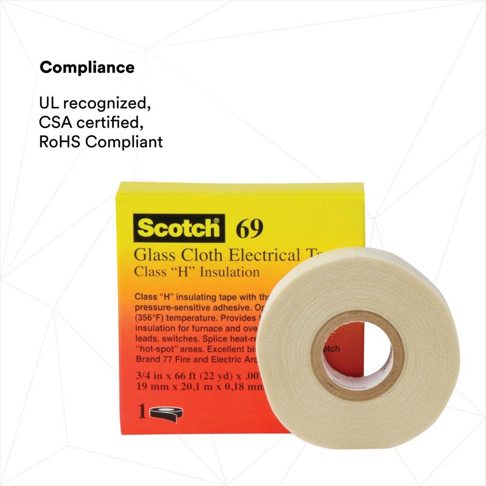 3M 69 3/4"X36YD MINI Glass Cloth Electrical Tape 69, White, 3/4 in x 36 yd (7000031350) (12 Pack) - 3