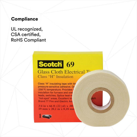 3M 69 3/4"X36YD MINI Glass Cloth Electrical Tape 69, White, 3/4 in x 36 yd (7000031350) (12 Pack) - 3