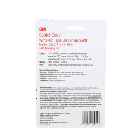 3M ScotchCode Wire Marker Write-On Dispenser with Tape and Pen, 0.75 in x 1.375 in (SWD) (7000031501)  - (10Pack) - 7