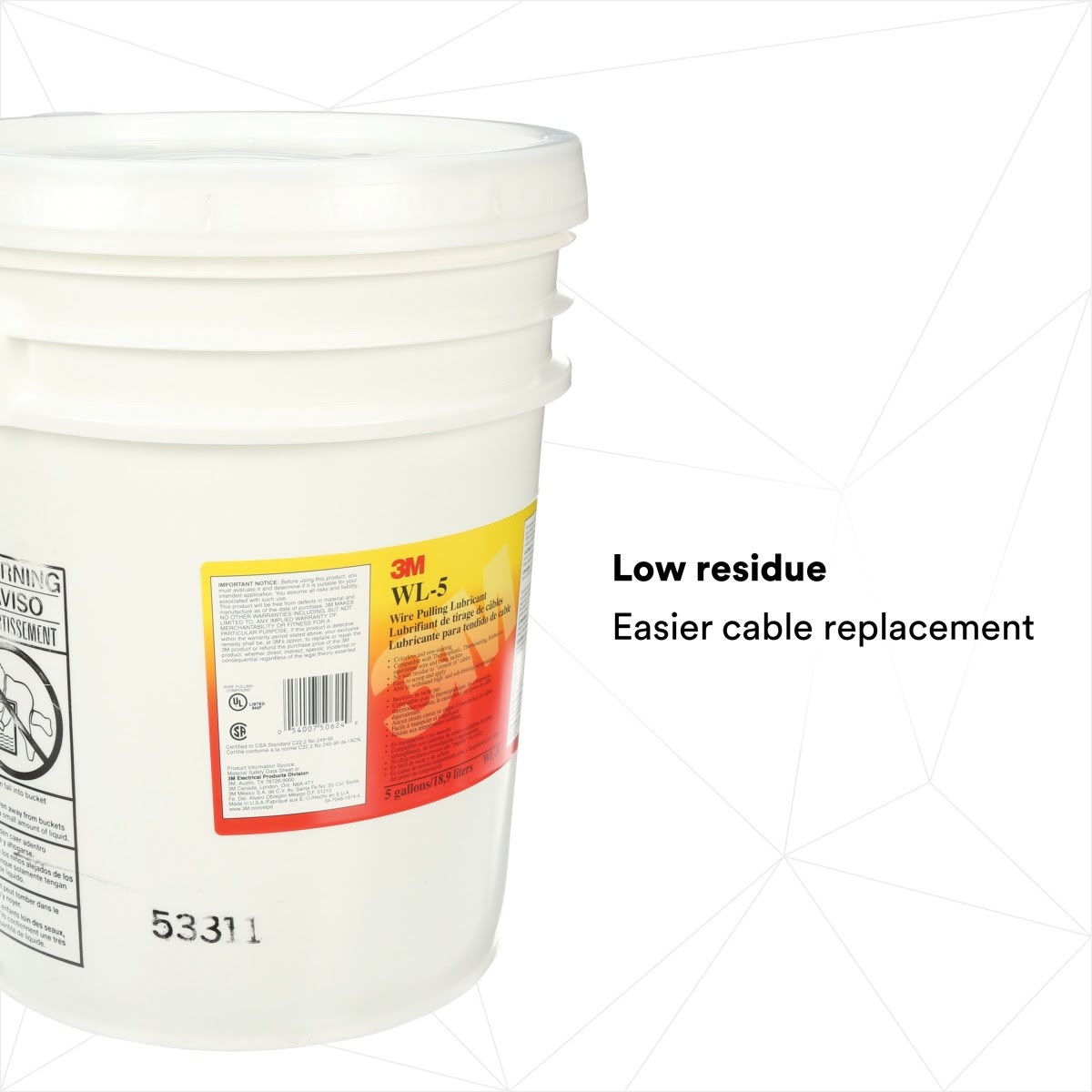 3M WL-5 Wire Pulling Lubricant Gel, Translucent White, 5 gal (7000031543) - 3