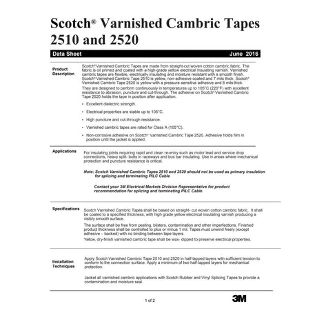 3M 7000031629 Scotch Varnished Cambric Tape 2520, Electrically Insulating, Moisture Resistant, Yellow, 8 mil, 3/4 in x 60 ft (2520-3/4X60FT) (7000031629)  - (20Pack) - 6