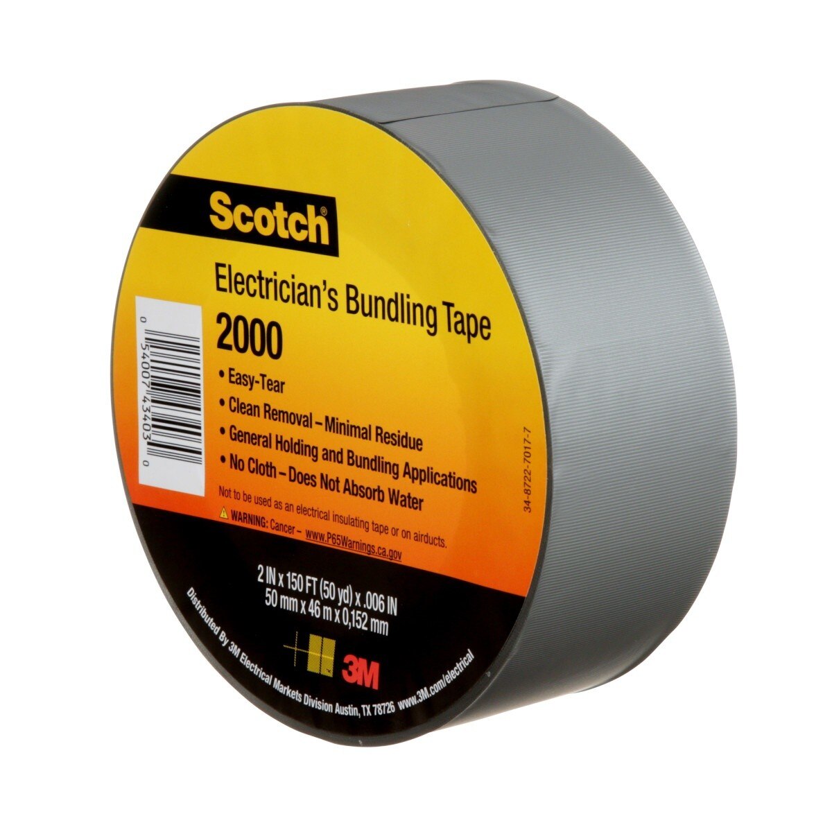 3M Scotch Electricians Duct Tape 2000, Gray, 2 in x 50 yd Roll (2000-2X50YD) (7000031684)  - (12Pack) - 8