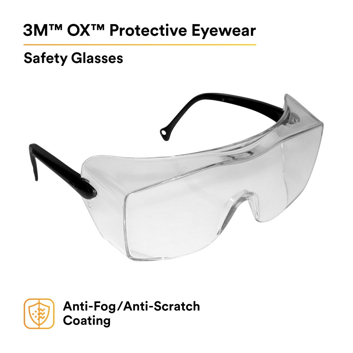 3M 12163-00000-20 OX Protective Eyewear, Clear AF Lens, Black Secure Grip Temple (7000042891)  - (20Pack) - 2