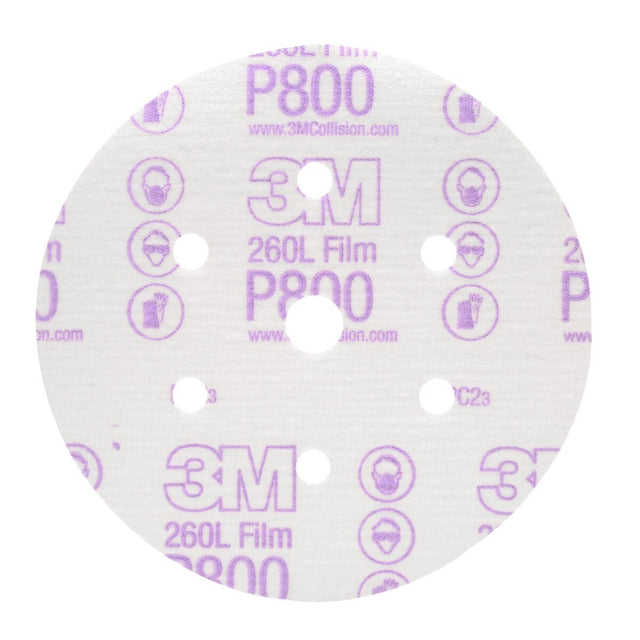 3M 260L 01070 Hookit Finishing Film Abrasive Disc, Dust Free, Aluminum Oxide, P800, White, 6 in, 6 Hole (7000045431) (400 Pack)