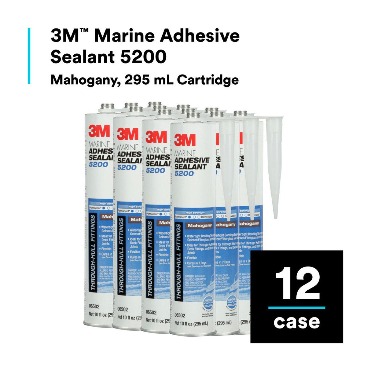 3M 5200 6502 Marine Adhesive Sealant Mahogany 10 fl oz Cartridge Above/Below Waterline Flexible Permanent Bonding (7000045778)  - (12Pack) - 9