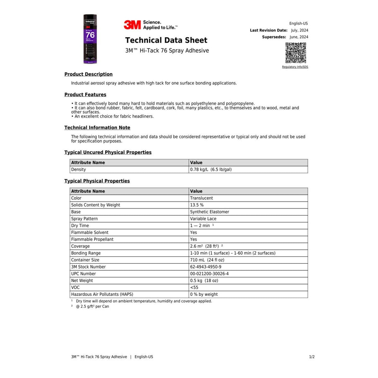 3M 76 Hi-Tack Spray Adhesive, Clear, 24 fl oz Can Net Wt 18.1 oz (30026) (7000046589)  - (12Pack) - 2
