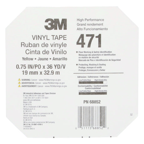3M 471 Vinyl Tape, Yellow, 3/4 in x 36 yd, 5.2 mil (7000047467) (48 Pack) - 9
