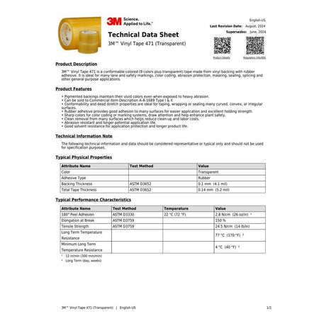 3M 471 Vinyl Tape , 2" x 36 yd 5.2 mil, Transparent (7000048403) (24 Pack) - 5