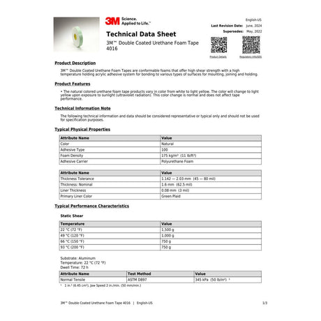 3M 4016 Double Coated Urethane Foam Tape, Off White, 1/2 in x 36 yd, 62 mil (7000048478) - 8