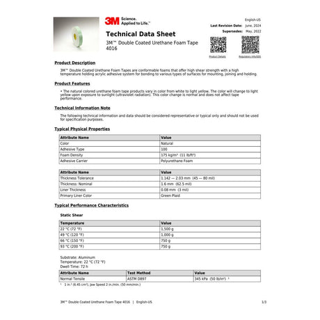 3M 4016 Double Coated Urethane Foam Tape, Off White, 3/4 in x 36 yd, 62 mil (7000048479) (Case of 12)  - (12Pack) - 8