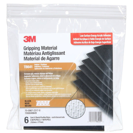 3M TB641 Gripping Material, Black, 6 in x 7 in, Adhesive Backed Sheets (7000049649) (6 Pack) - 6