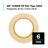 3M UHMW Film Tape, Transparent, 1 1/2 in x 18 yd, 12 mil (5423) (7000050077)  - (6Pack) - 2