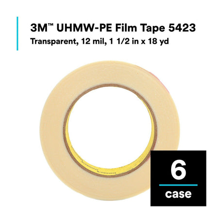 3M UHMW Film Tape, Transparent, 1 1/2 in x 18 yd, 12 mil (5423) (7000050077)  - (6Pack) - 2