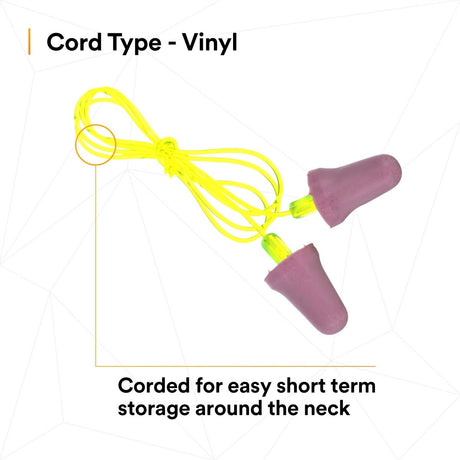 3M P2001 No-Touch Push-to-Fit Earplugs, Corded, NRR 29 dB, Purple, Yellow Vinyl Cord (7000052722) (1 Pair)  - (400Pack) - 6