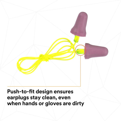 3M P2001 No-Touch Push-to-Fit Earplugs, Corded, NRR 29 dB, Purple, Yellow Vinyl Cord (7000052722) (1 Pair)  - (400Pack) - 7