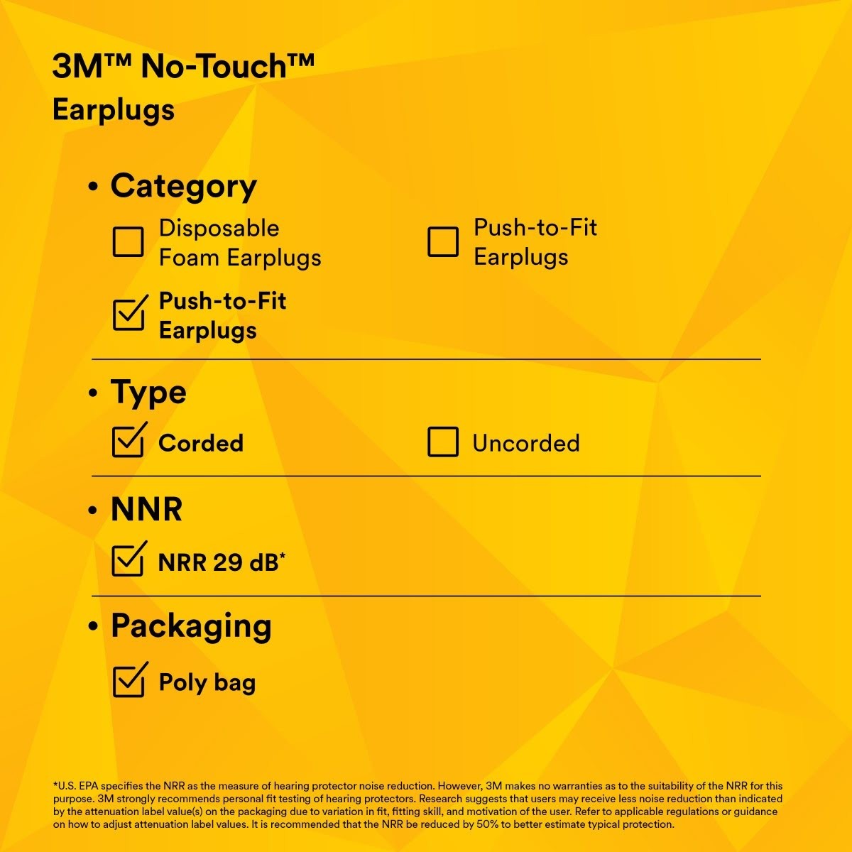 3M P2001 No-Touch Push-to-Fit Earplugs, Corded, NRR 29 dB, Purple, Yellow Vinyl Cord (7000052722) (1 Pair)  - (400Pack) - 10