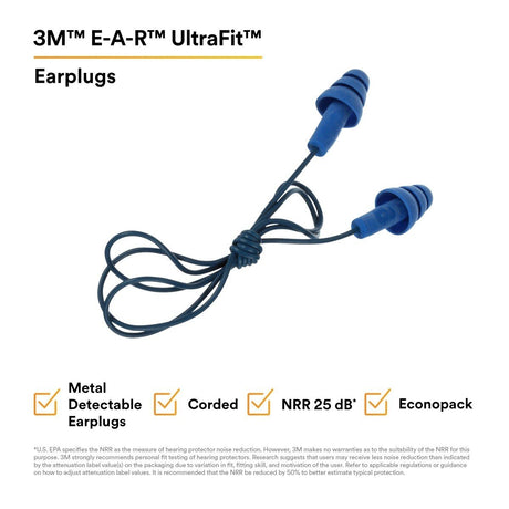 3M 340-4017 E-A-R UltraFit Earplugs, Metal Detectable, Corded, Econopack (7000052725) (2000 Pack) - 3