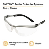 3M BX Reader Safety Glasses with +2.0 Diopter, ANSI Z87, Anti-Fog Anti-Scratch Clear Lens, Silver Frame, Adjustable Temples and Lens Angle (11375-00000-20) (7000052794) (1 Pair)  - (20Pack) - 5