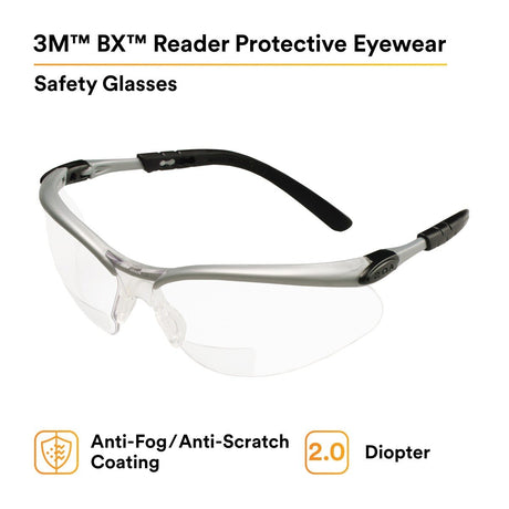 3M BX Reader Safety Glasses with +2.0 Diopter, ANSI Z87, Anti-Fog Anti-Scratch Clear Lens, Silver Frame, Adjustable Temples and Lens Angle (11375-00000-20) (7000052794) (1 Pair)  - (20Pack) - 5