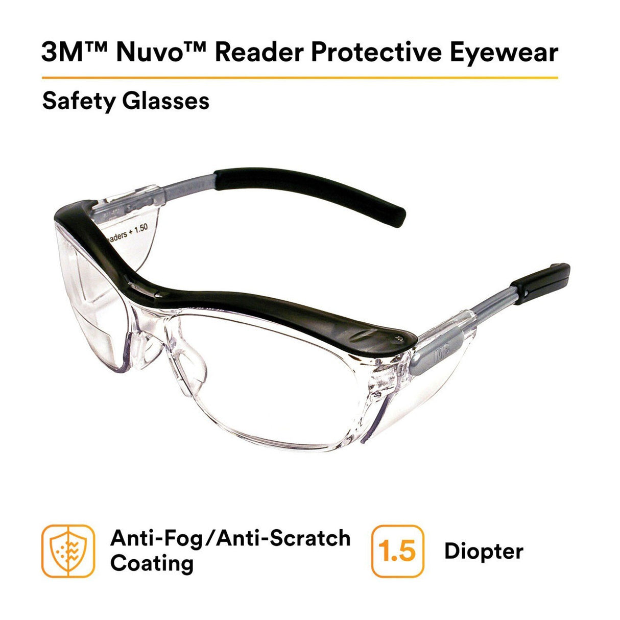 3M 11434-00000-20 Safety Glasses with Readers, Nuvo Protective Eyewear, +1.5 Diopter, Clear Lens, Retro Gray Frame, Soft Nose Bridge, Side Shields, ANSI Z87.1 (7000052797)  - (20Pack) - 5