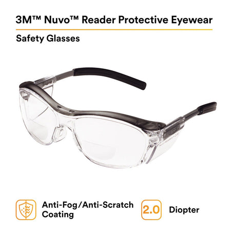 3M 11435-00000-20 Nuvo Reader Safety Glasses, 2.0 Diopter, Clear Lens, Gray Half-Frame, Side Shields, ANSI Z87.1 (7000052798)  - (20Pack) - 2