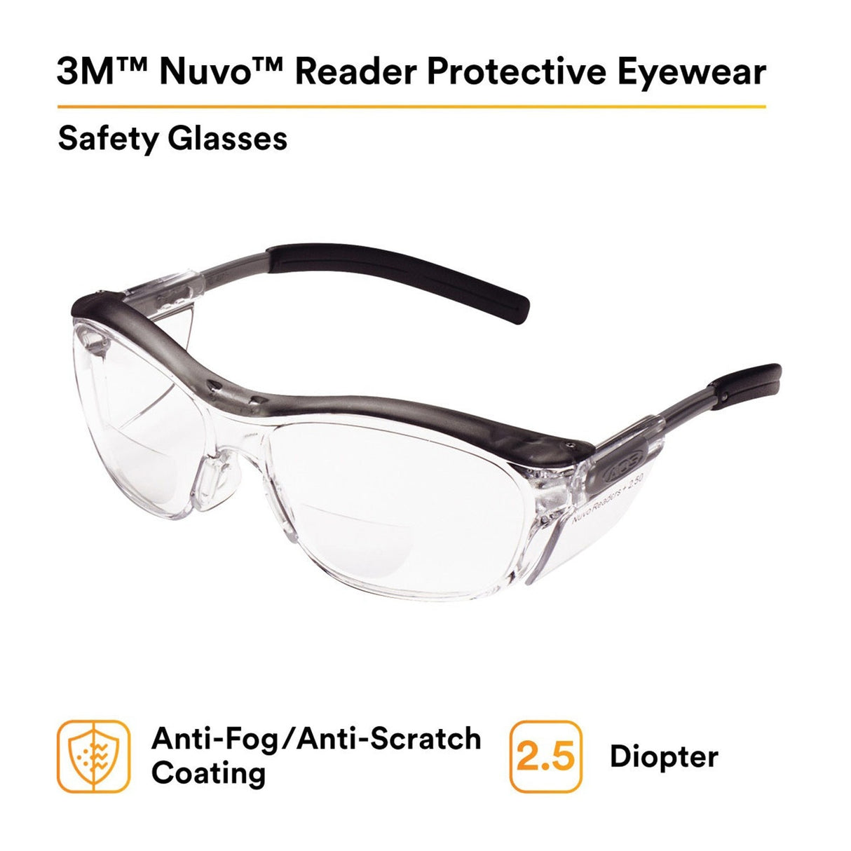 3M 11436-00000-20 Nuvo +2.5 Reader Safety Glasses, Gray Frame, Clear Lens, ANSI Z87.1 (7000052799)  - (20Pack) - 2