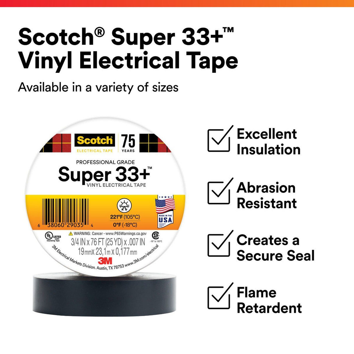 3M 33+-2X66FT-1.5 Scotch Super 33+ Vinyl Electrical Tape, Black, 2 in x 66 ft, 1-1/2 in Core (7000058137) (24 Pack) - 3