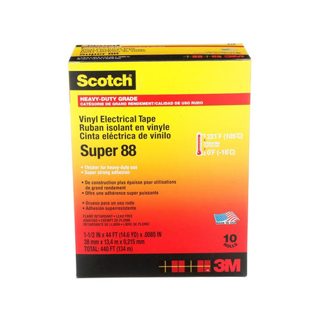 3M Scotch Super 88 Vinyl Electrical Tape Black 1-1/2 in x 44 ft (88-1.5X44FT) (7000058433) (10 Rolls) (10 Pack) - 3