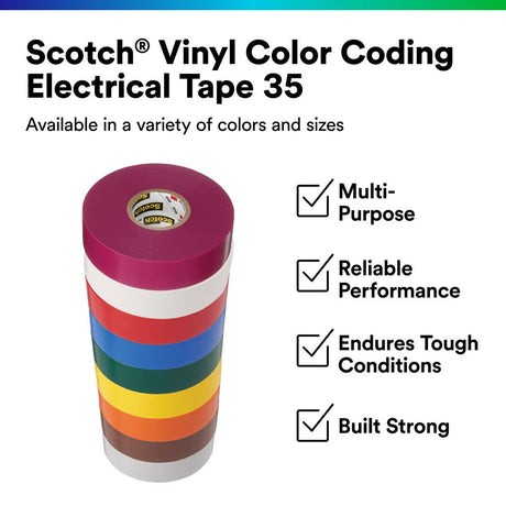 3M 35 Scotch Vinyl Color Coding Electrical Tape, Yellow, 0.5 in x 20 ft, 7 mil, Professional Grade, Flame Retardant, UL Listed, CSA Certified (35-1/2X20FT-YL) (7000058435)  - (10Pack) - 2