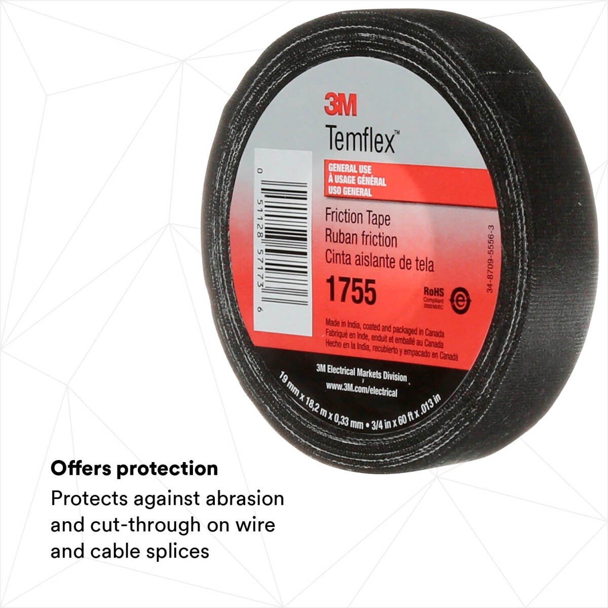 3M 1755 Temflex Cotton Friction Tape, Black, 3/4 in x 60 ft (1755-3/4X60FT) (7000058870)  - (20Pack) - 2