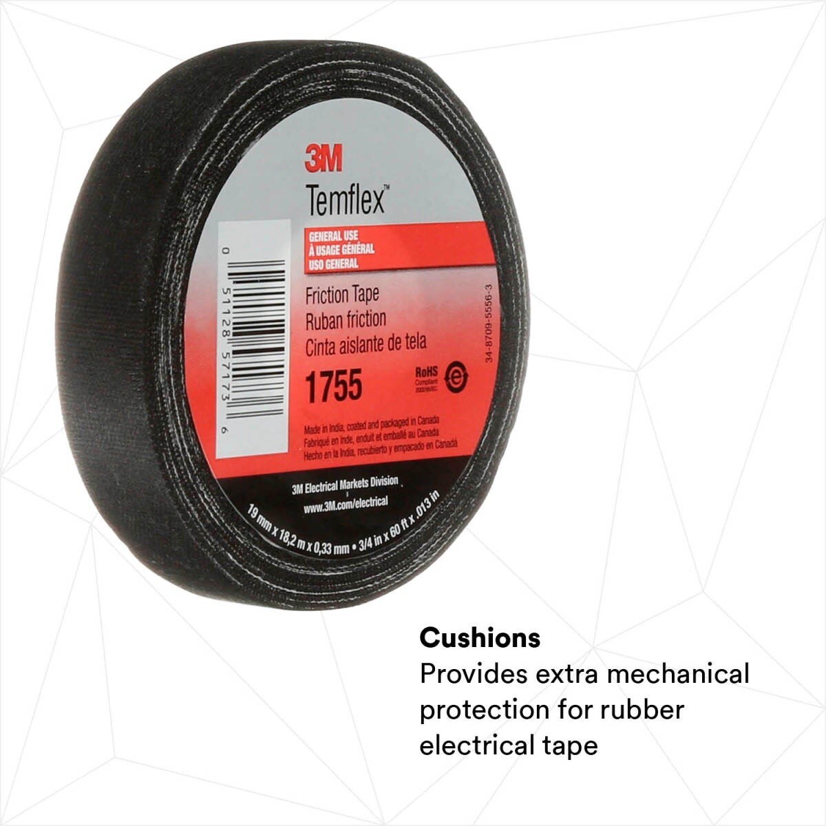 3M 1755 Temflex Cotton Friction Tape, Black, 3/4 in x 60 ft (1755-3/4X60FT) (7000058870)  - (20Pack) - 3