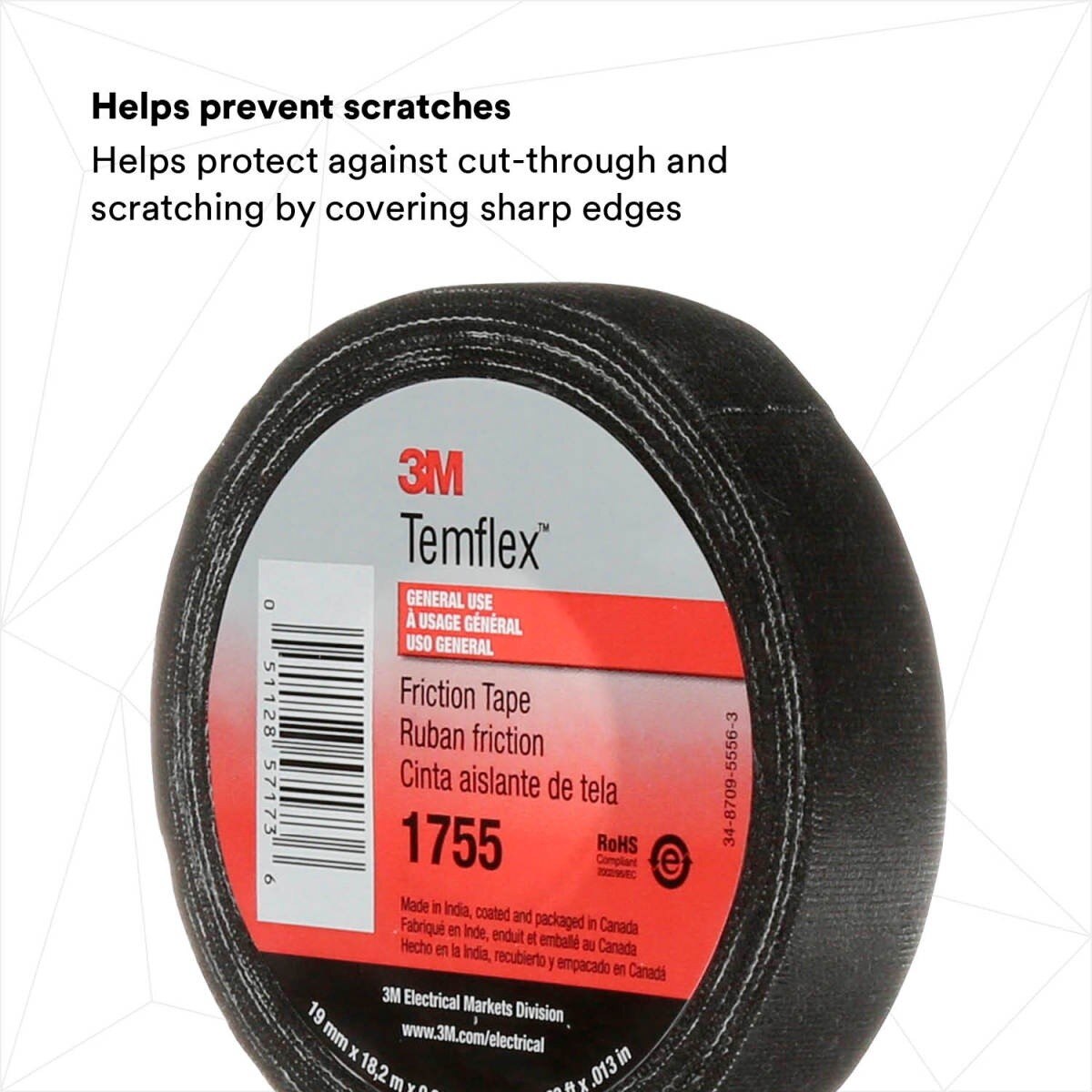 3M 1755 Temflex Cotton Friction Tape, Black, 3/4 in x 60 ft (1755-3/4X60FT) (7000058870)  - (20Pack) - 4