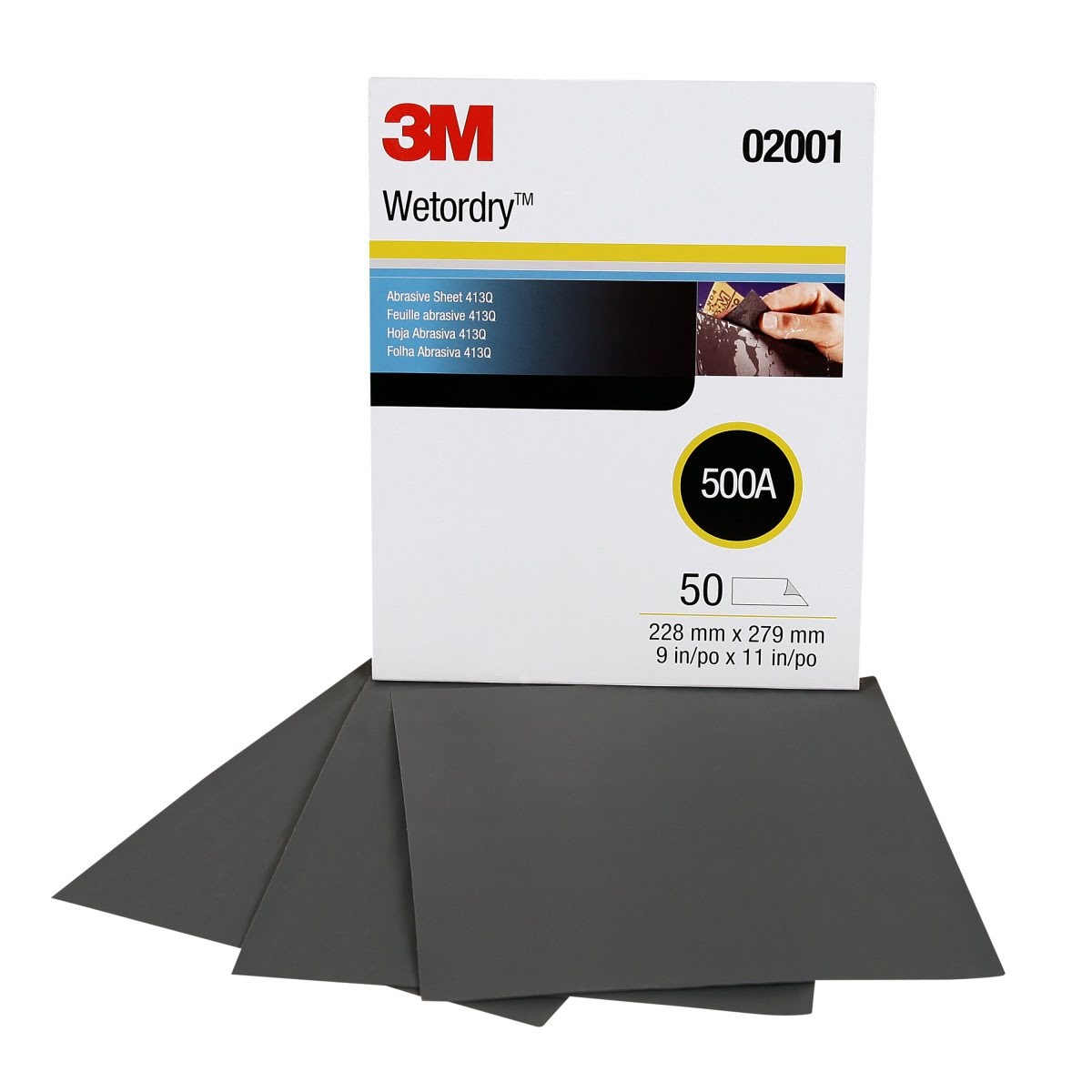 3M 413Q 02001 Abrasive Sheet, 500 Grit, Wet Dry, Black, 9 in x 11 in (7000118291) (250 Pack) - 2